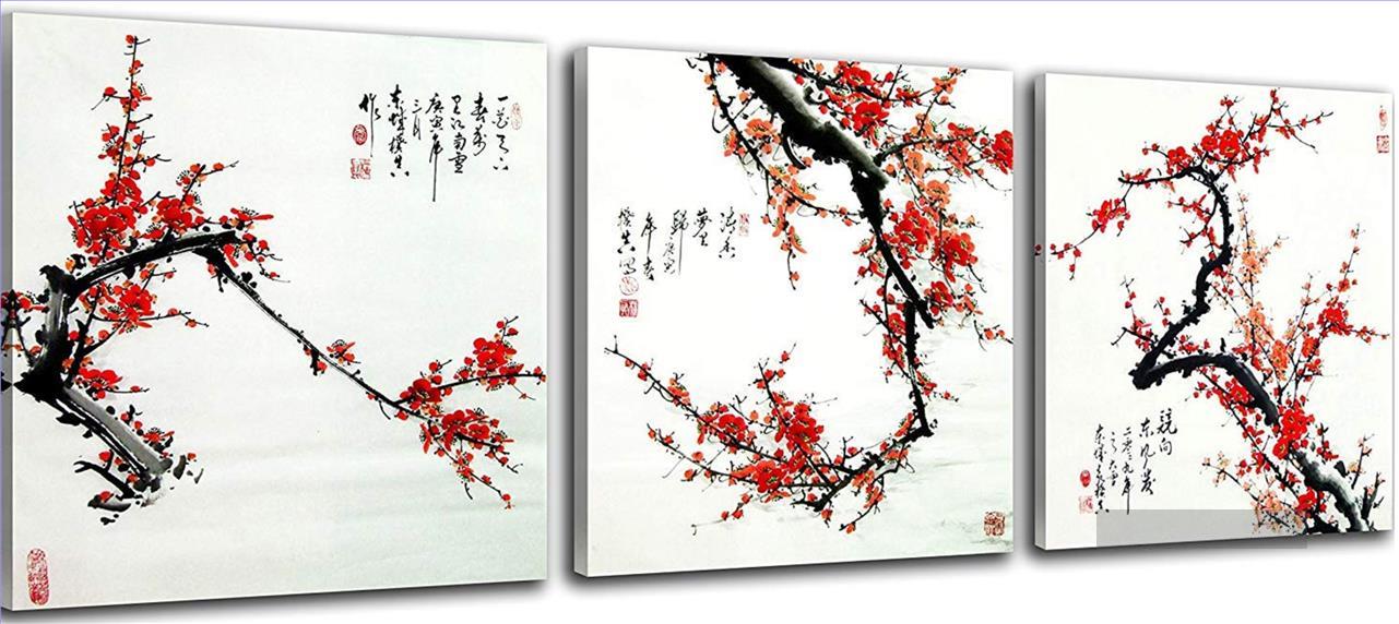 Pflaumenblüten mit chinesischer Kalligrafie Blumenschmuck Ölgemälde